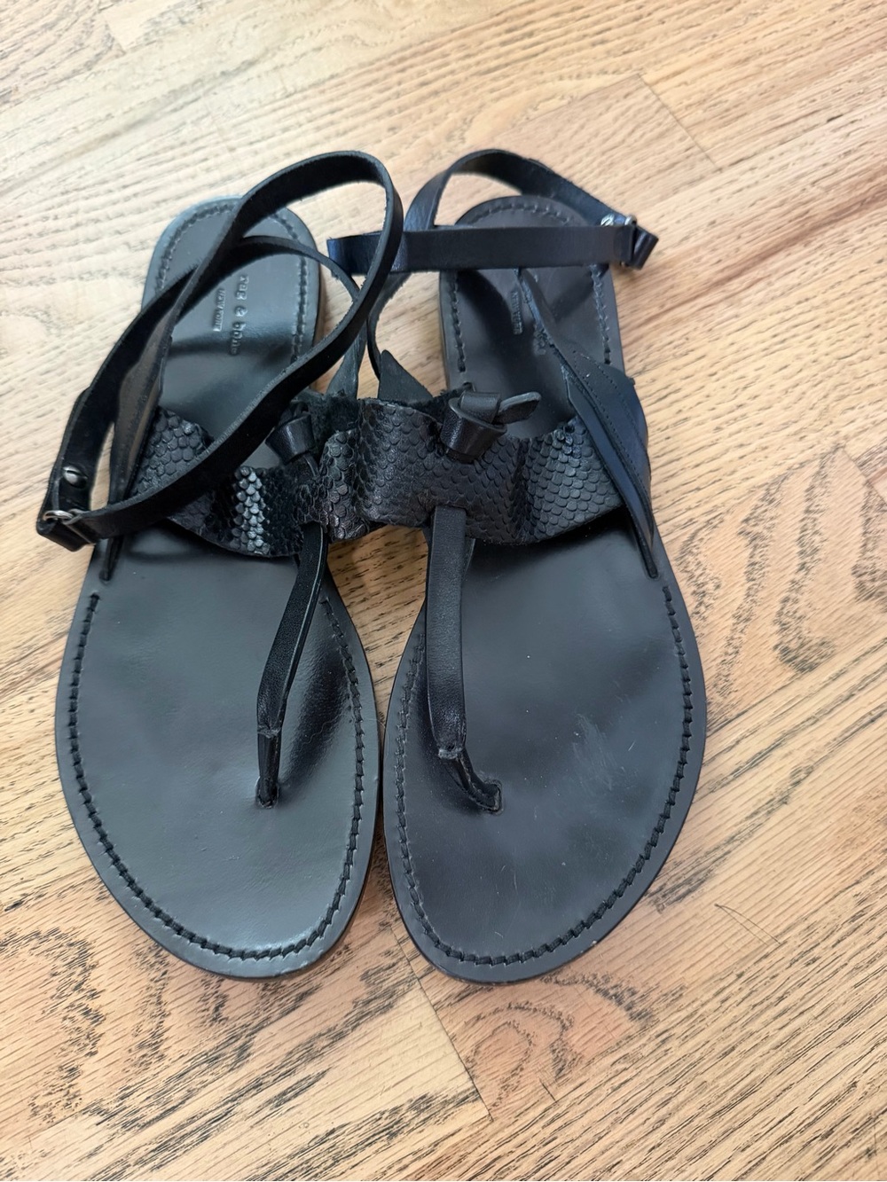 rag & bone Black Leather T-Strap Sandals with Textured Band